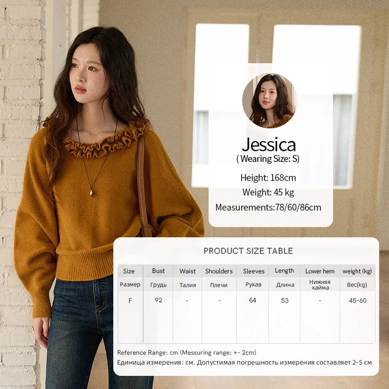 MISHOW Pullovers Women 2025 French Style Orange Lotus Edge Crew Neck Lantern Sleeves Top Slim Luxury Women's Sweaters MXE86Z2726