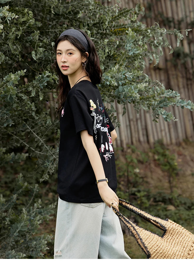 MISHOW Casual Graffiti T-shirt Women Summer 2025 Short Sleeve Round Neck Loose Shirts Female New Fashion Tops Lady MXE15T0475