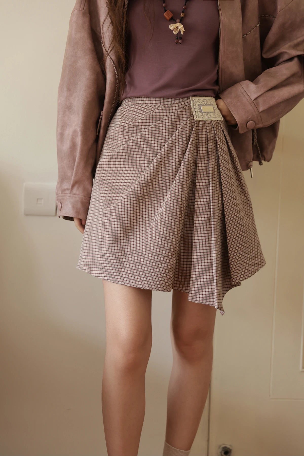 MISHOW Purple Plaid Short Skirt for Women Autumn 2025 Asymmetrical Patch Skirts Back Elastic Waist A-line Short Skirt MXE45B2411