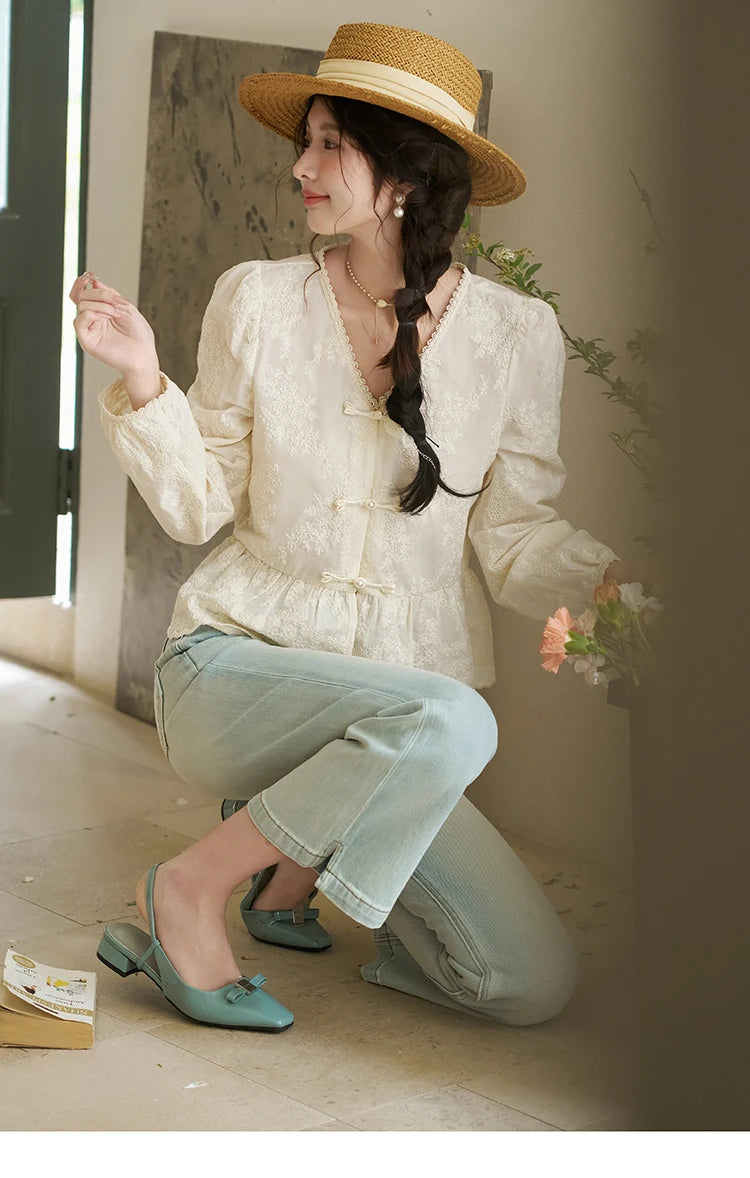 MISHOW Chinese Lace Blouses French Sweet Three-dimensional Embroidery Spring 2024 Button Up V-neck Long Sleeved Top MXD14X1433