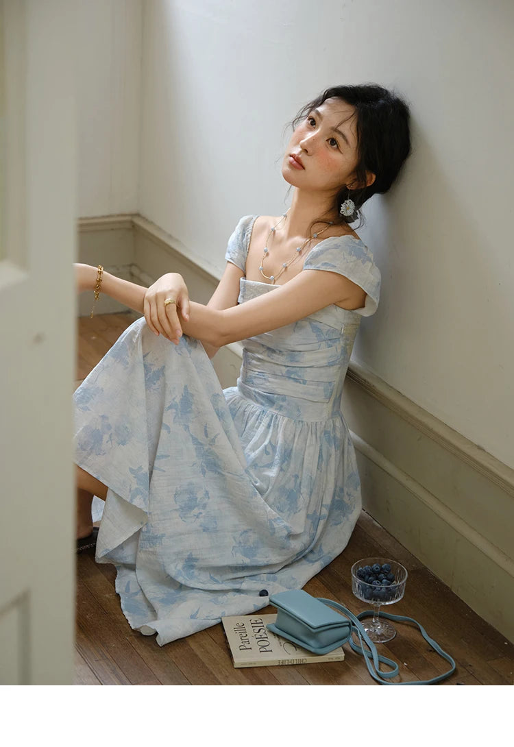 MISHOW Women's Fashion Print Dress 2025 Summer Square Neck Flying Sleeve Vacation High Waist Dresses Women's Clothing MXE35L2274