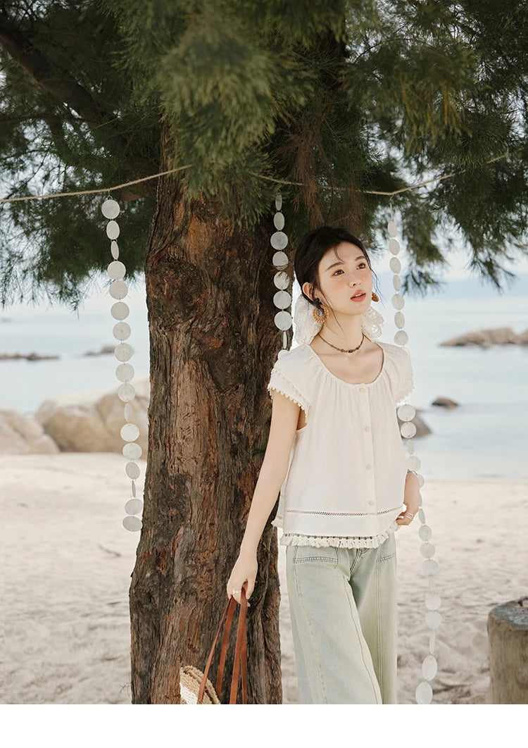 MISHOW Embroidered French Shirt Women Summer 2025 Short Sleeve Round Neck Solid Blouses Female Fashion New Tops Lady MXE33X1744