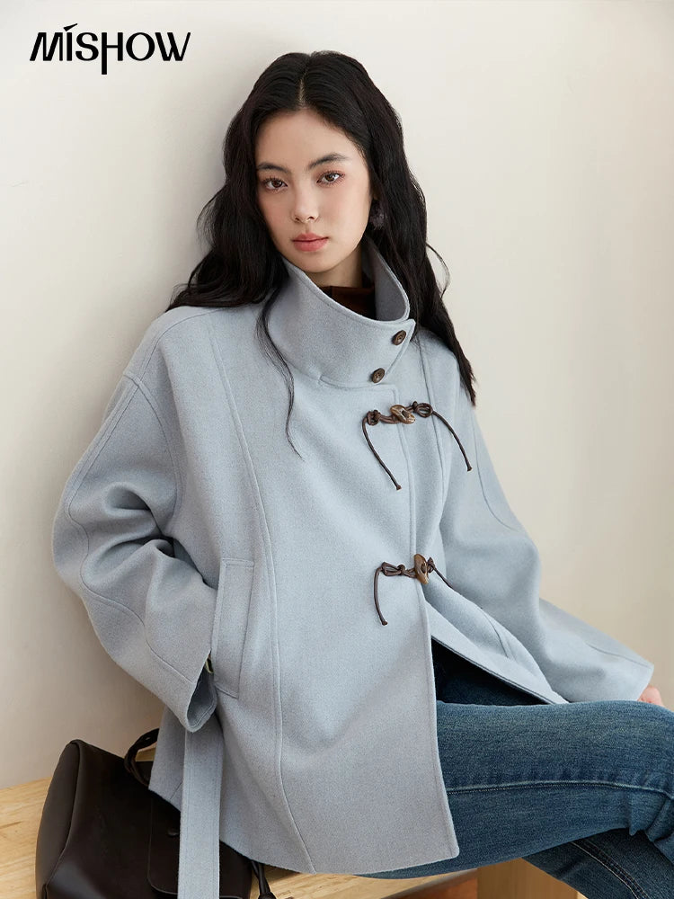 MISHOW Blue Woolen Coat Women 2025 Winter New Double-breasted Lace Up Coat Mid-length Windbreaker Women's Clothing MXE51W0872