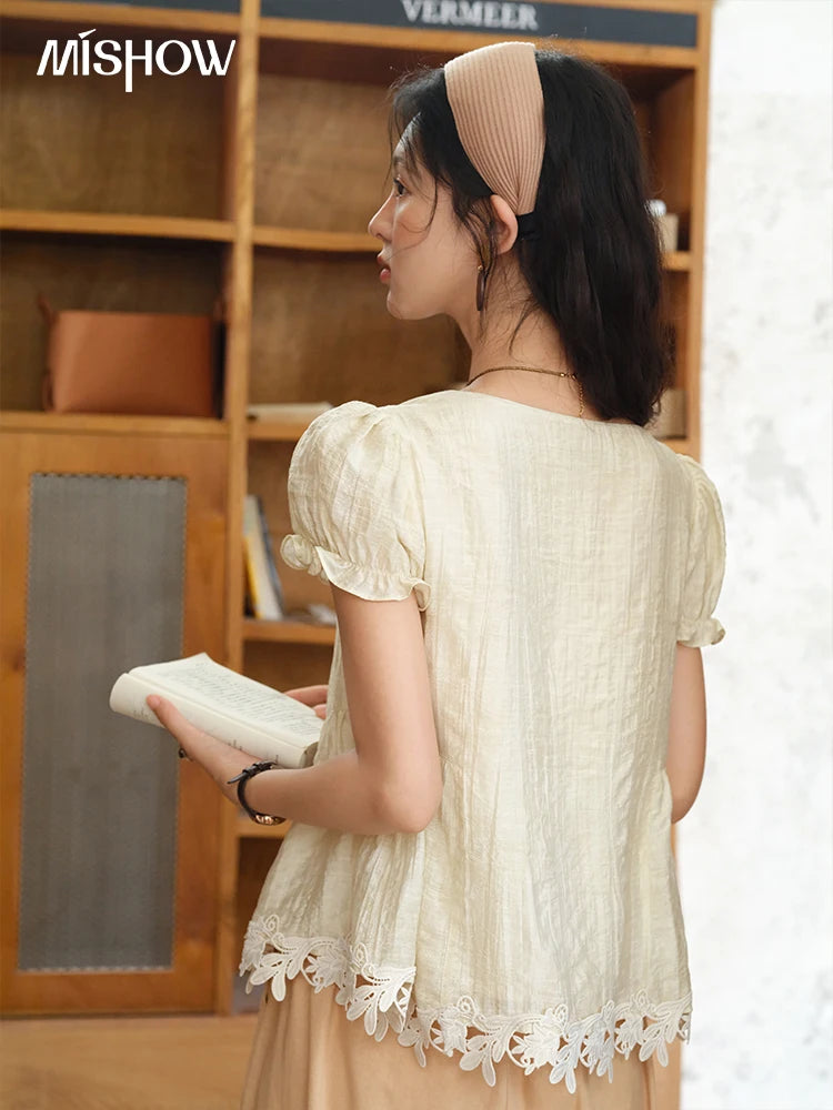 MISHOW Women's French Round Neck Lace Up Blouse 2025 Summer Embroidery Puff Sleeve Flower Spliced Commut Short Top MXE39X1956