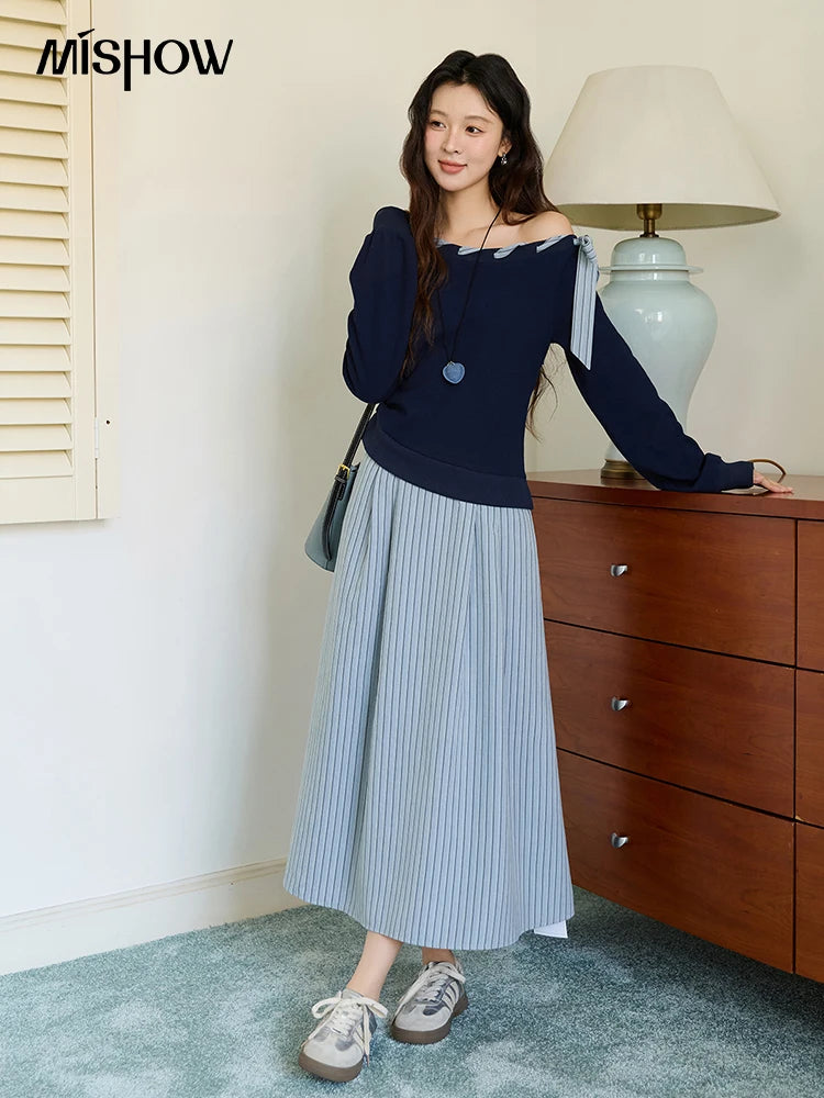 MISHOW Woman Striped Dress 2025 Autumn Blue Navy Slash Neck Contrast Lace Long-sleeved Dress Sexy Clothes for Women MXE45L2516