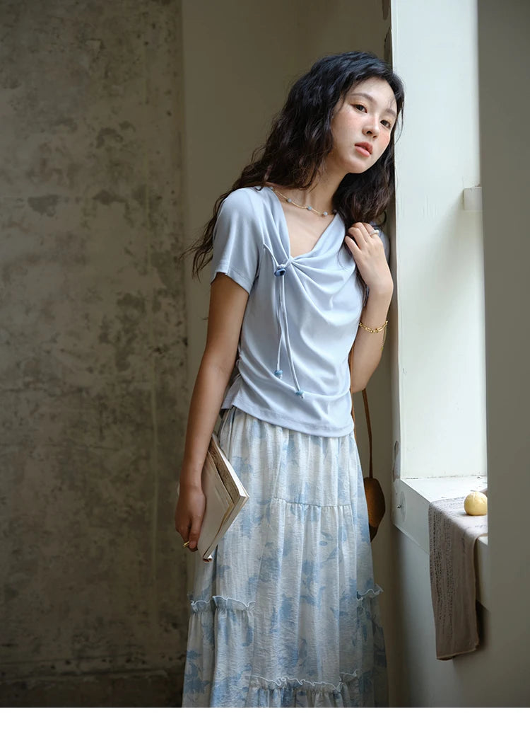 MISHOW Two Piece Set Women's Fashion Lace Up Top 2025 Summer New Casual Print Wide Leg Half Skirt Set Ladies Clothing MXE35T0596