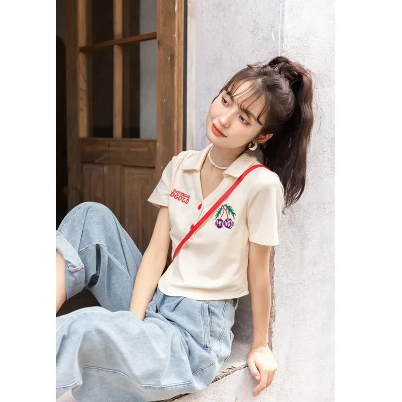 MISHOW Summer T-shirts for Women Korean Fashion Polo Collar Embroidery Letter Short Tops Harajuku Casual Solid Tees MXB32T0477