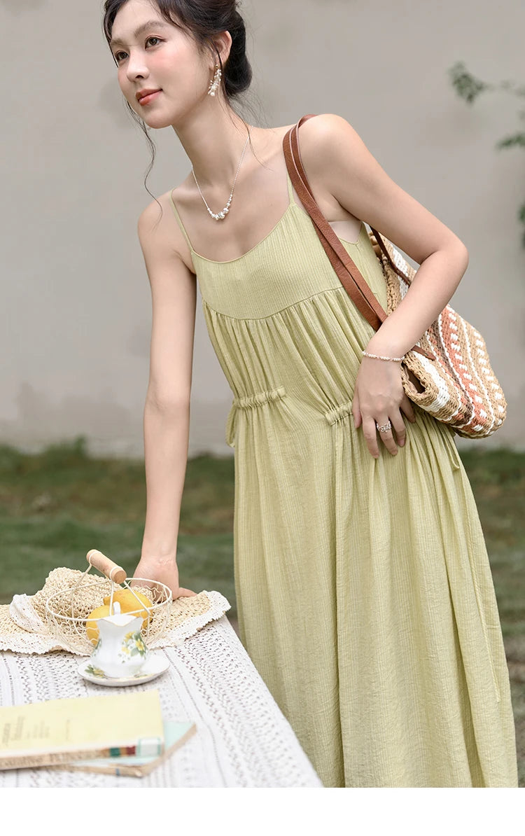 MISHOW Irregular Pleated Suspender Long Dress for Women 2025 Summer Olive Green Dress Loose Drawstring Waist Dresses MXD31L1928