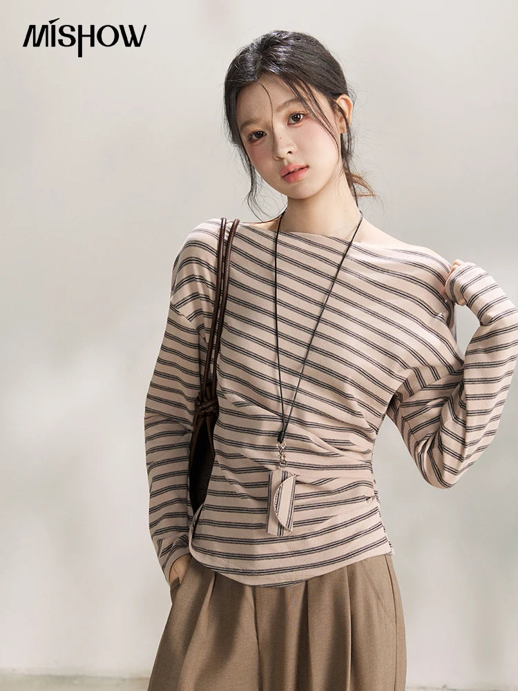 MISHOW Striped Boat Neck Long Sleeve Tops 2026 Spring Ruched Side SlimCasual Soft Breathable T-Shirt with Necklace MXF13T1514