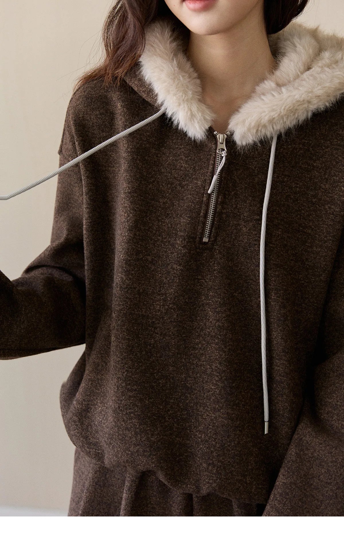 MISHOW Women's Brown Two-Piece Set 2025 Winter Faux Fur Hood Sweatshirt Elastic Waist Wide-Leg Pants Warm Casual Sets MXE94T1476