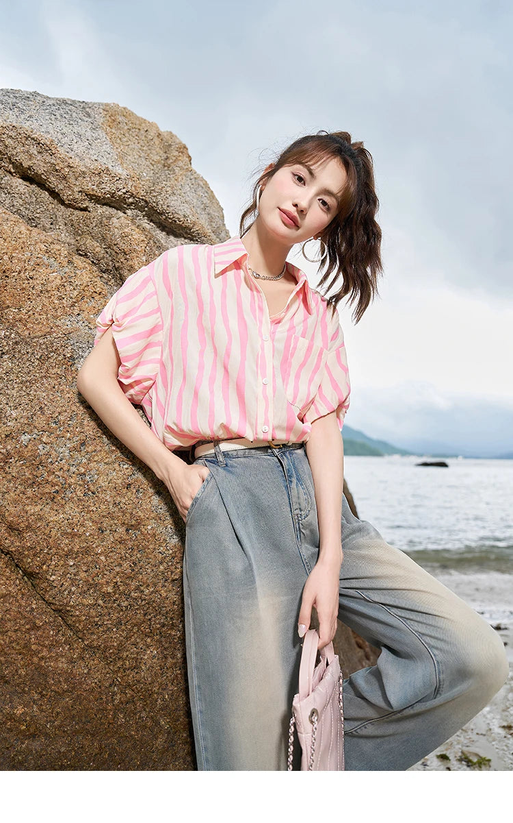 MISHOW Women's Striped Shirt 2023 Summer Korean Loose Puff Sleeve Polo Neck Pocket Casual Tops STRAIGHT Office Lady MXC38C0072