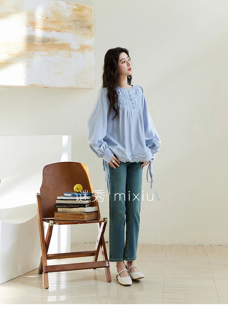 MISHOW Blue Lace Patchwork Shirt for Women 2025 Spring Sleeve Lace-up Hem Wave Edge Top Lantern Sleeve Loose Shirt MXE14X1716
