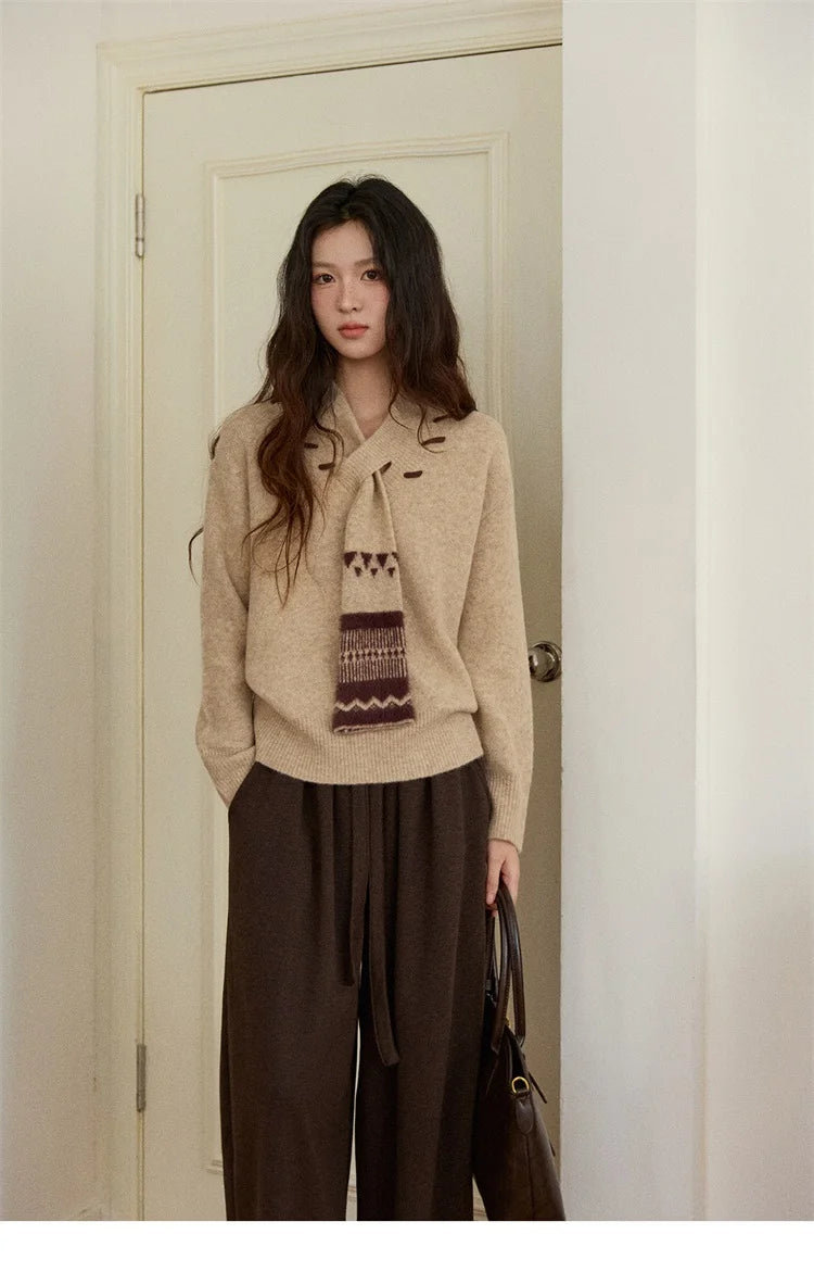 MISHOW Women V-neck Knit Top 2025 French-style Elegant Workwear Long-sleeved Yellow Pullover Women's Winter Clothing MXE87Z2771