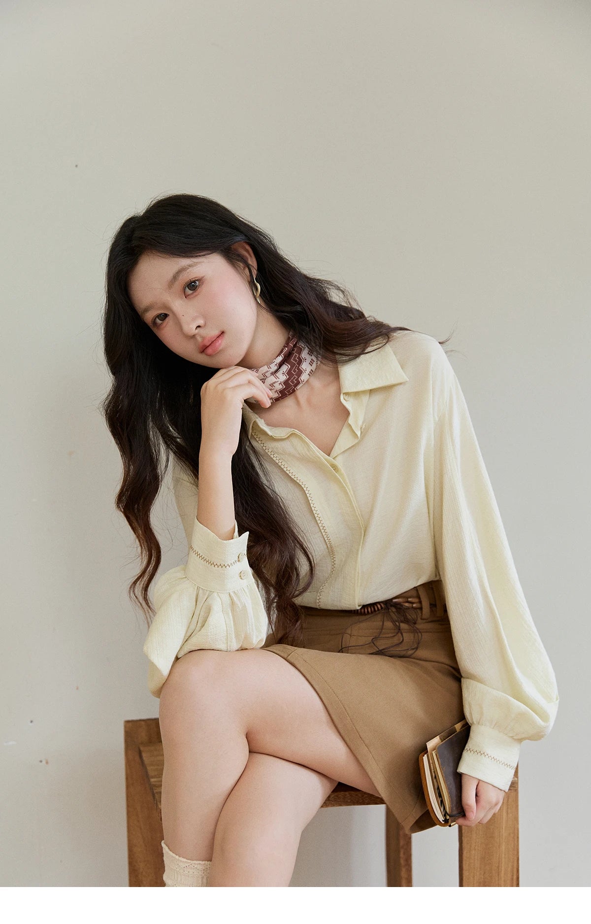 MISHOW Women's Lapel Lantern Sleeve Shirts 2026 Spring Lace Trim Casual Loose Breathable Solid Shirt Office Lady MXF13C2436