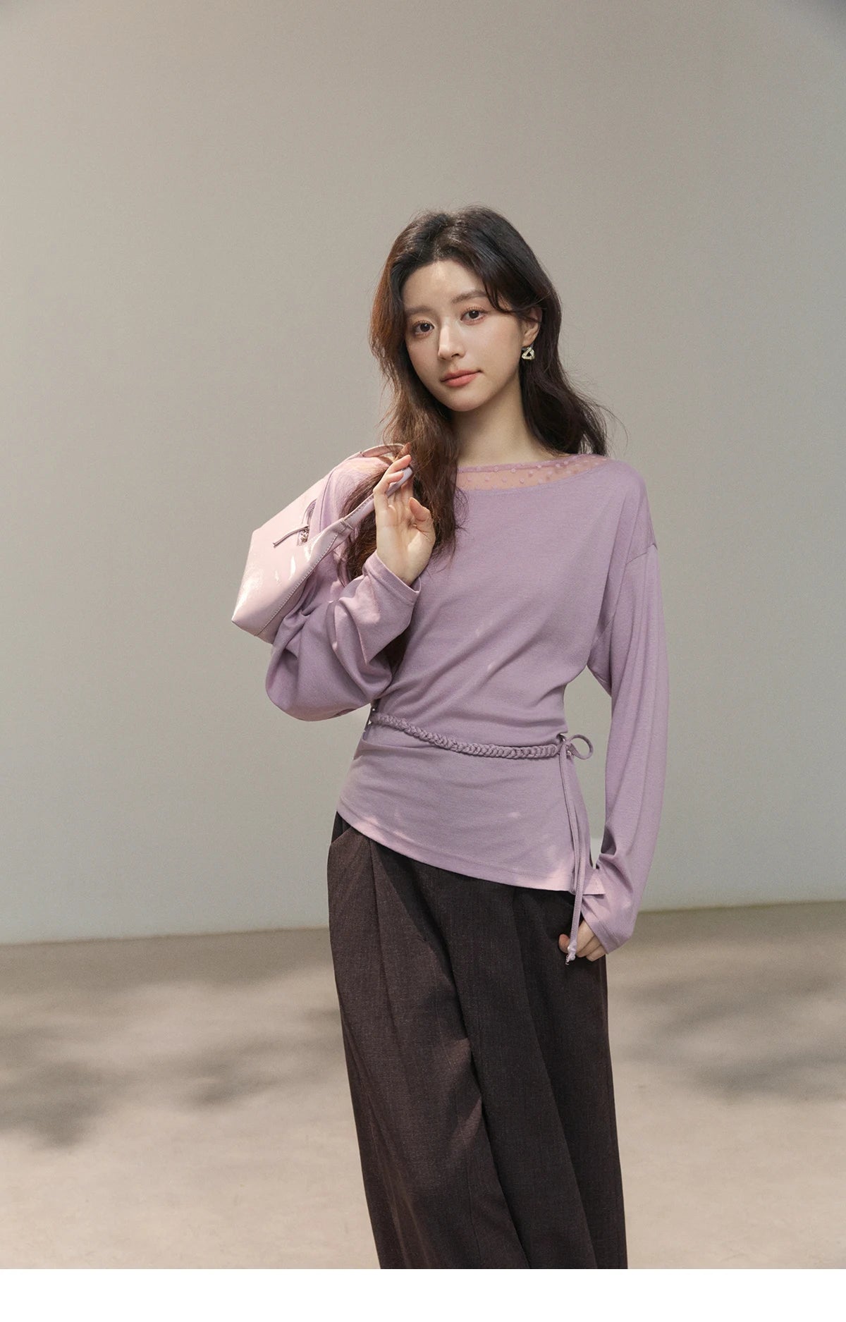 MISHOW Women's Mesh Wool Lace Polka Dot Splicing Tops 2026 Spring Boat Neck Slim Belt Twist Casual Solid T-Shirts MXF13Z3001