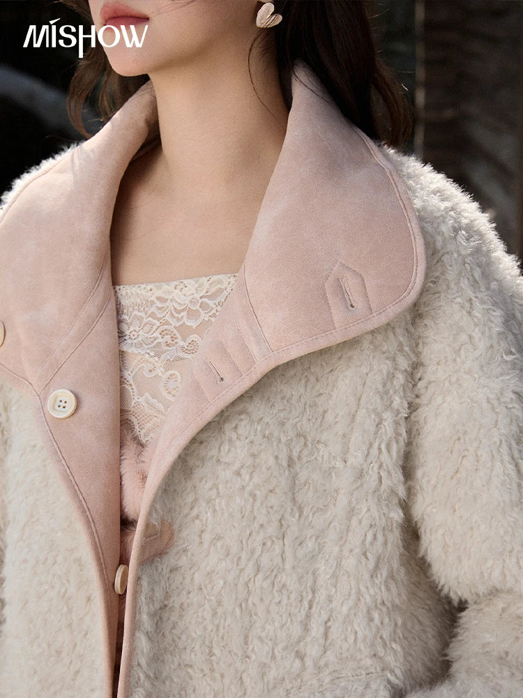 MISHOW Women's Double Sided Wearing Jacket 2025 Winter Lamb Wool Lapel Coat Warm Windproof Commuter Coat with Pockets MXE91W1015