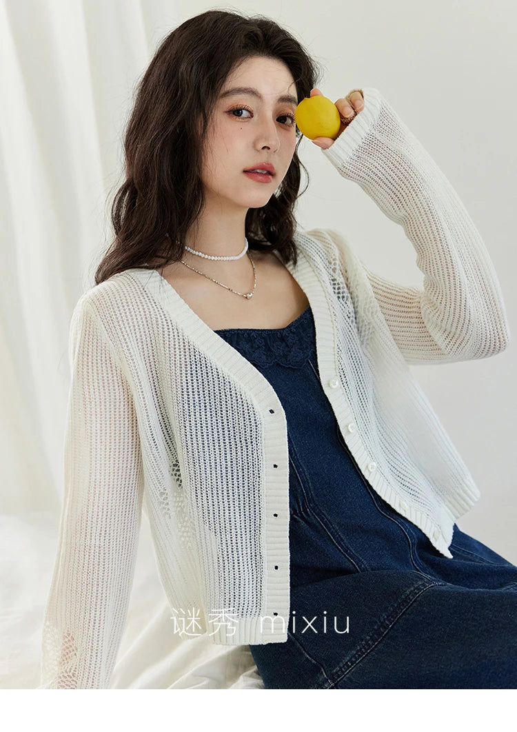 MISHOW Denim Camisole Dress Hollowed Out Cardigan Separately Spring Knitted Cardigan Lace Edge Waist Dress(Not A Set) MXE13L2094