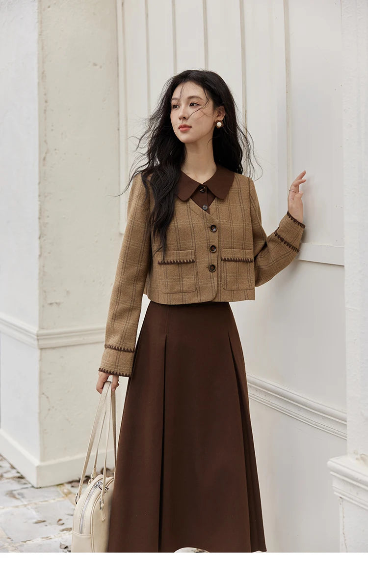 MISHOW Plaid Tweed Coats Midi Skirt Separately Women 2024 Fall Winter Polo Vintage Elegant  Jackets Pleated Skirts MXD46W0460