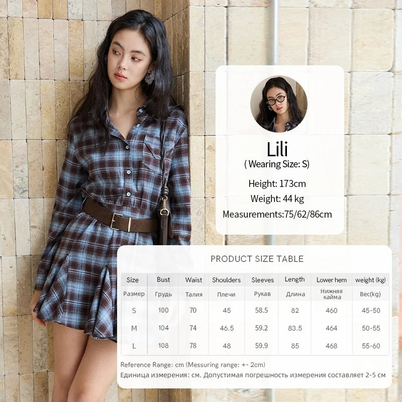 MISHOW Women's Blue Plaid Short Dress 2025 Autumn Retro Turn-down Collar Waist-Cinched Long Sleeve Dress with Belt MXE48L2525