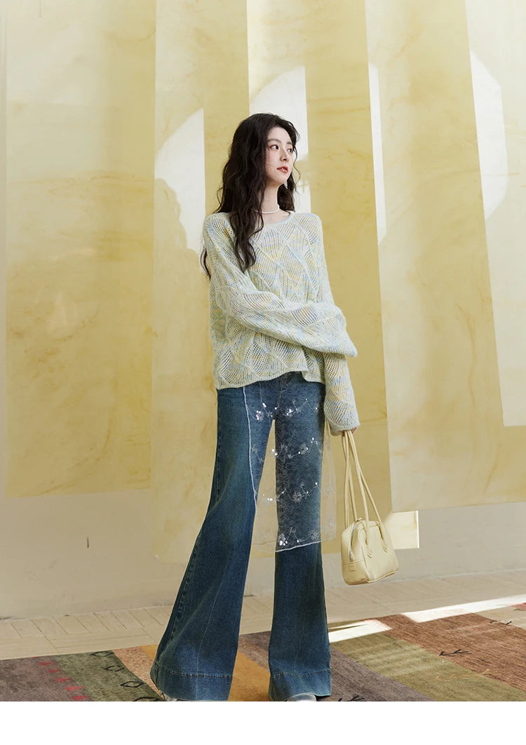 MISHOW Women's Hollow Knitted Sweater 2025 Spring Loose Thin Dropped Shoulder Top Wool O Neck Hem Wavy Edge Sweaters MXE14Z1208