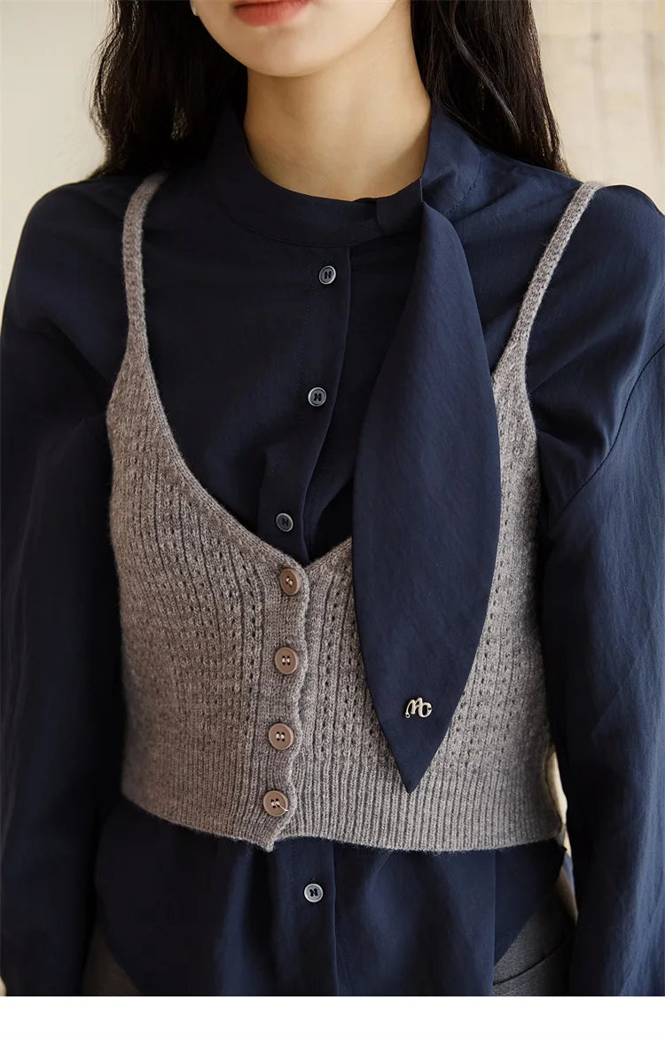 MISHOW Woman Shirt Set 2025 Autumn Fashion New Navy Blue Ribbon Design Layered Shirt Knit Camisole Two-piece Suit MXE47T1412