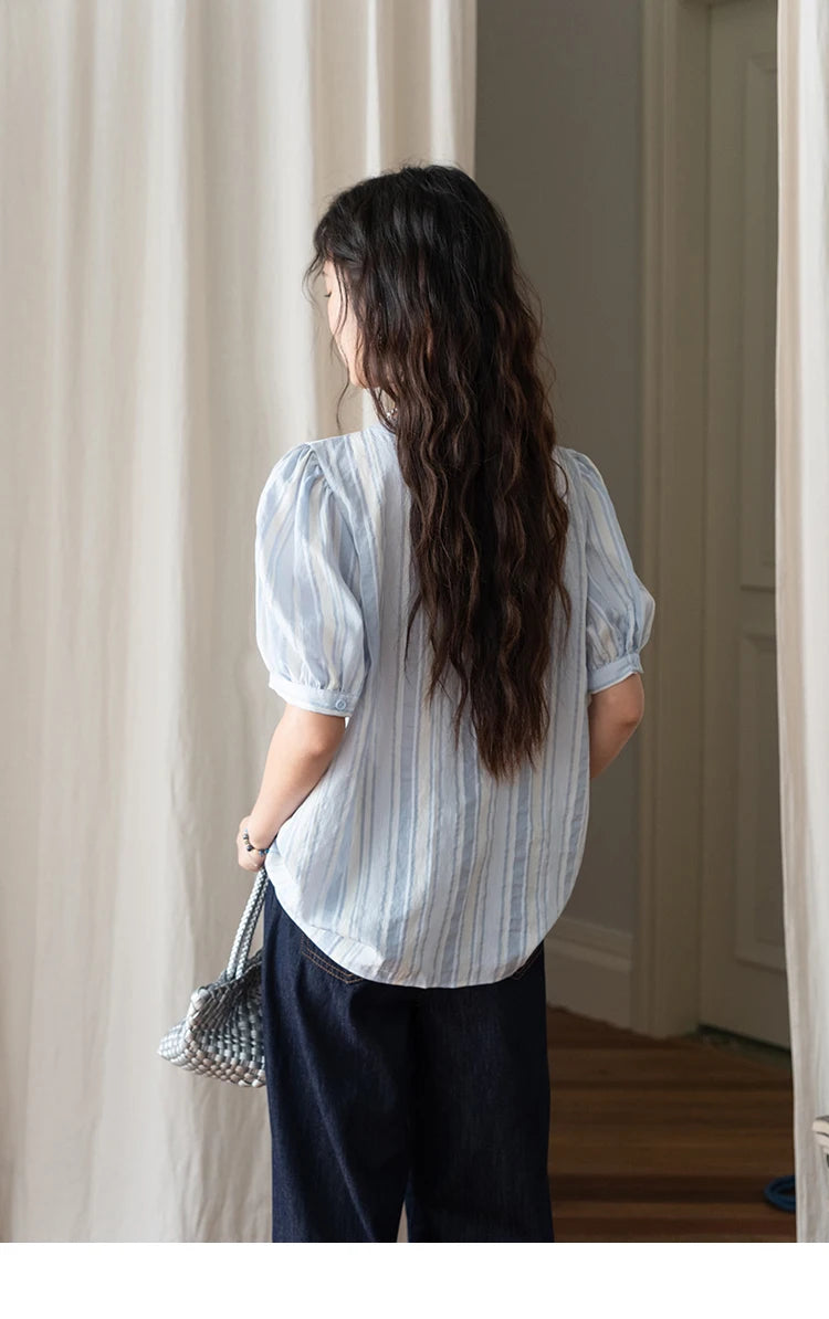 MISHOW Women's Striped Casual Shirt 2025 Summer New Lady Fashion Puff Sleeve V-Neck Button Blue Shirt Female Clothing MXE36X1870