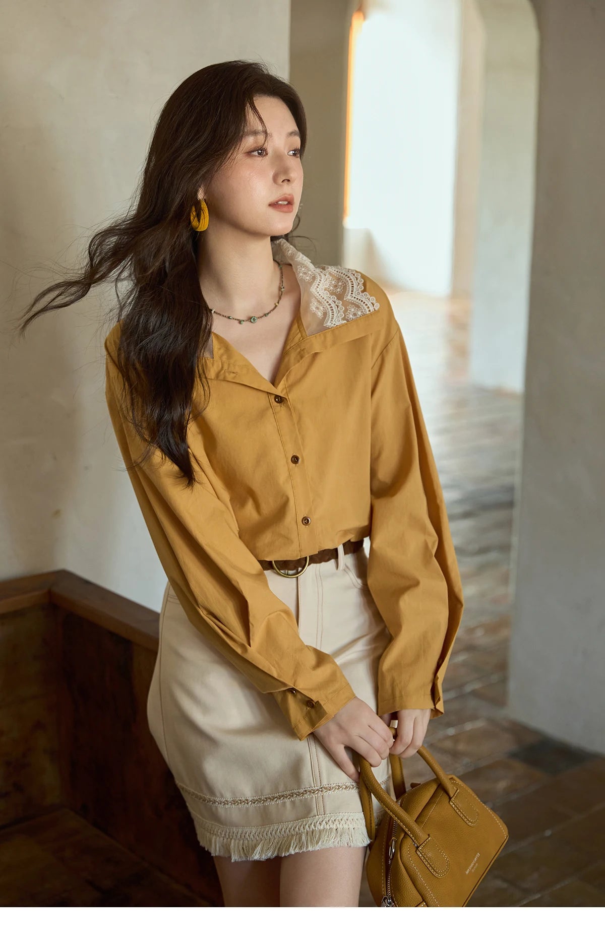 MISHOW Autumn Solid Cotton Shirt Autumn V-neck Double-layer Lace Retro Design Shirts Single Breasted Tops Office Lady MXE41C2366