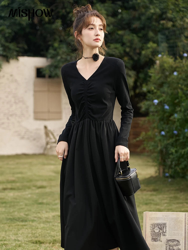 Mishow Black Knitted Smocked V-Neck Dress MXC59L1640