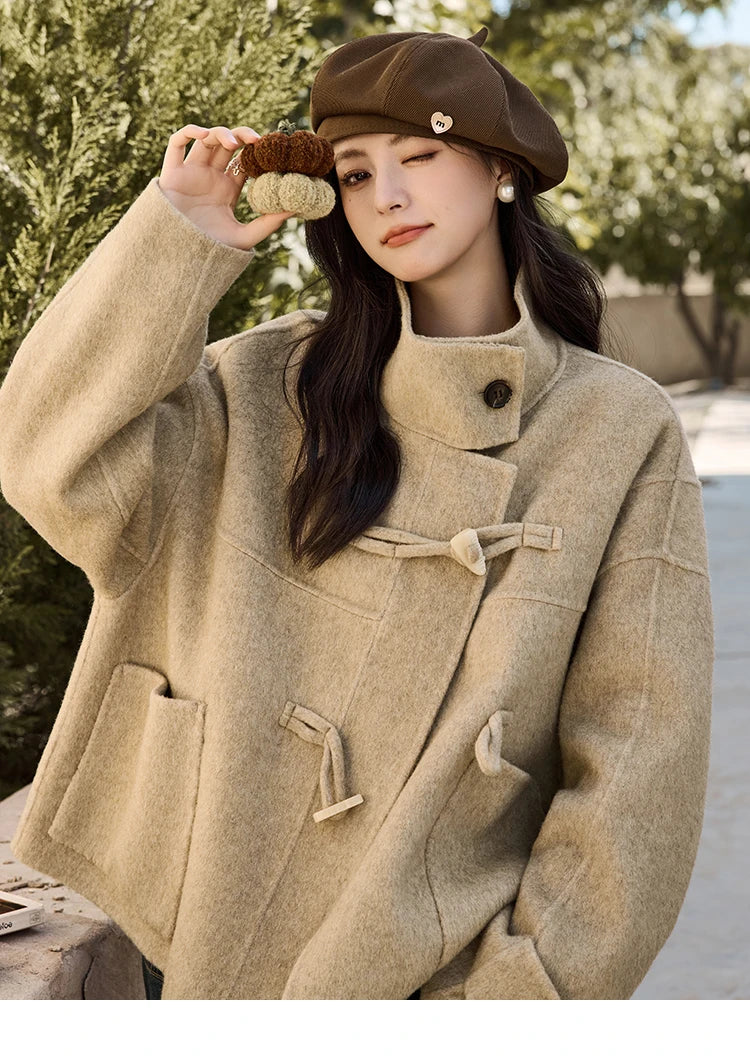 MISHOW Reversible Wool Velvet Coat Cow Horn Button Lapel Coat 2024 Winter Fashion Luxury Senior Korean Tweed Jacket MXD44W0446