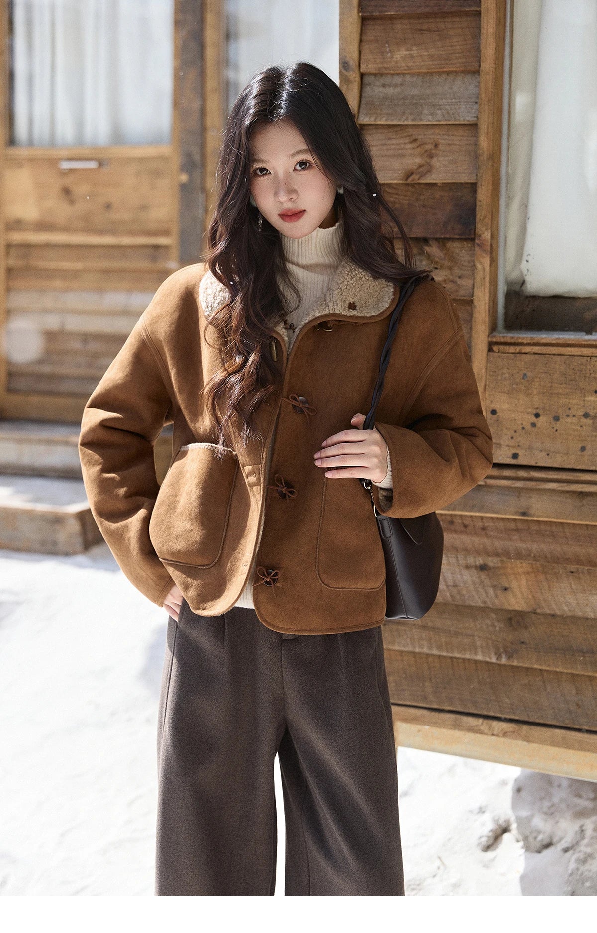 MISHOW Women's Brown Reversible Shearling Coat 2025 Winter Suede Polka Dot Lapel Coats Fleece Thick Warm Short Jacket MXE93W1012