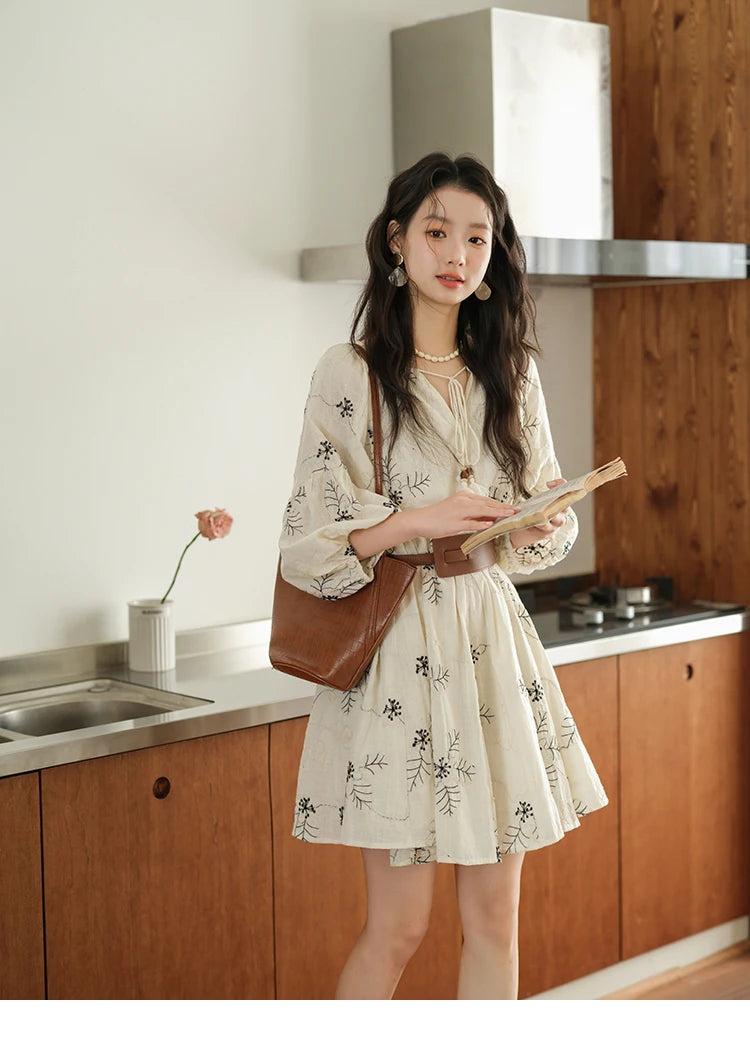 MISHOW Embroidered Doll Dress 2025 Seven Cent Lantern Sleeve Dress O-neck Tassel Lace-up Cotton Dress with Waist Belt MXE41L2480