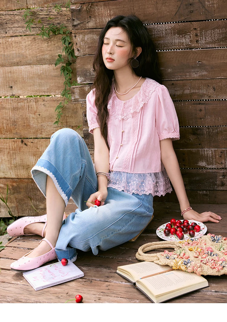 MISHOW Women's Pink Spliced Lace Round Neck Blouses 2025 Summer Lace Hem Sweet Blouse Single Row Metal Buttons Top MXE32X1768