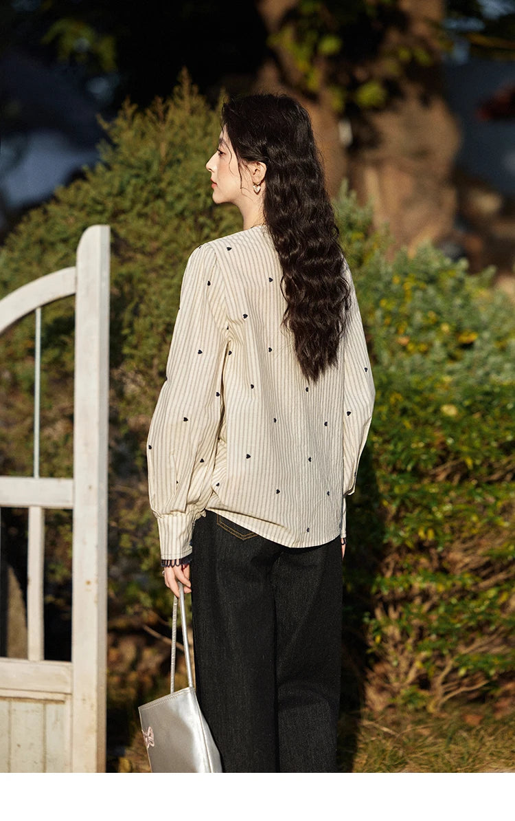 MISHOW Striped Bubble Sleeve Shirt for Women 2025 Spring French Retro Love Embroidered Top 100 Cotton V-neck Shirts MXE12C0390