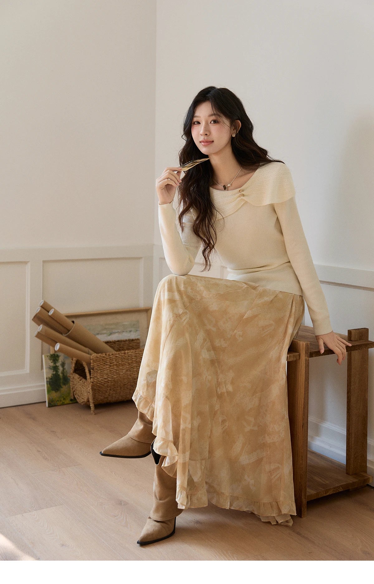 MISHOW Women's Beige Wool Blend Knit Sweater 2026 Spring Asymmetrical Collar Long Sleeve Top Slim Casual Thin Sweater MXF11Z2918