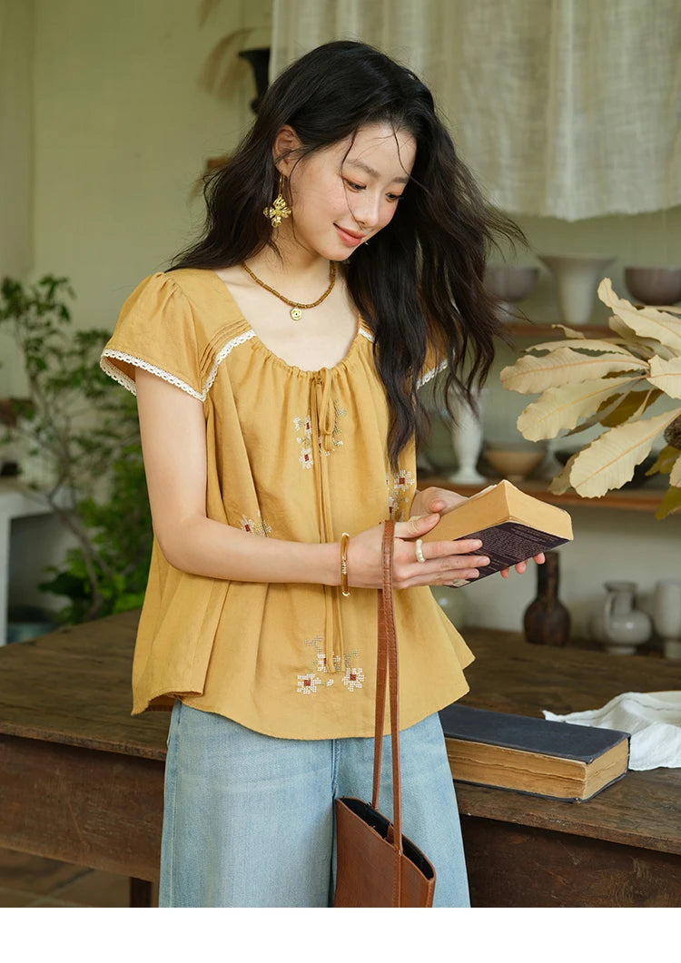 MISHOW Fashion Embroidery Flower Blouses for Woman 2025 Summer O-Neck Lace Up Flying Sleeve Lace Spliced Loose Top MXE39X1880