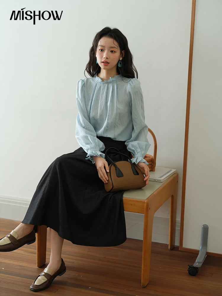 MISHOW Blue Jacquard Texture Blouses 2025 Autumn Black Fungus Edged Stand Collar Blouse Bubble Sleeves Commuting Top MXE41X1934