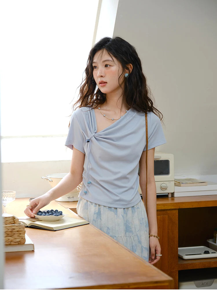 MISHOW Two Piece Set Women's Fashion Lace Up Top 2025 Summer New Casual Print Wide Leg Half Skirt Set Ladies Clothing MXE35T0596