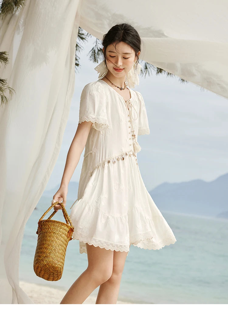 MISOHW Bohemian Solid Women's Summer Dress New 2025 Short Sleeve V-neck Shell Lace Midi Dresses for Woman Fashion MXE33L2195