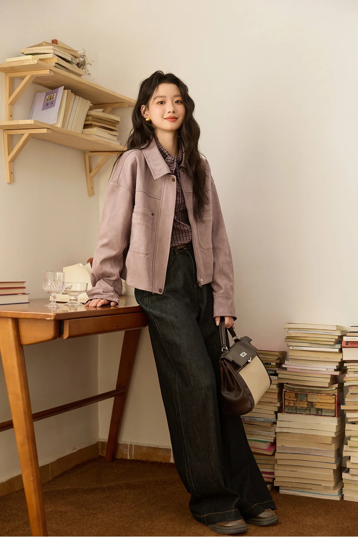 MISMHOW Taro Purple Leather Jacket Autumn 2025 Contrasting Splic Short Jackets Symmetrical Double-layer Pocket Coat MXE44W0816