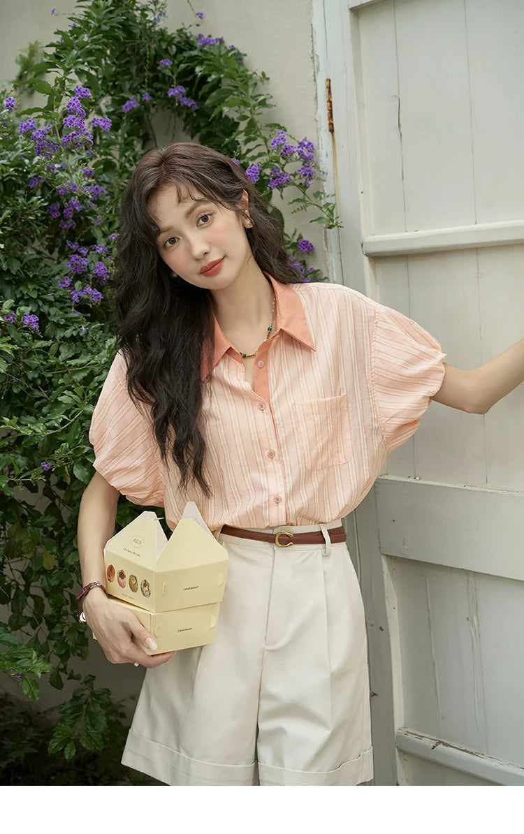 MISHOW Women's Hong Kong Retro Pink Striped Shirt 2024 Summer Short Sleeve Bubble Sleeve Single Breasted Lapel Top MXD28C0250