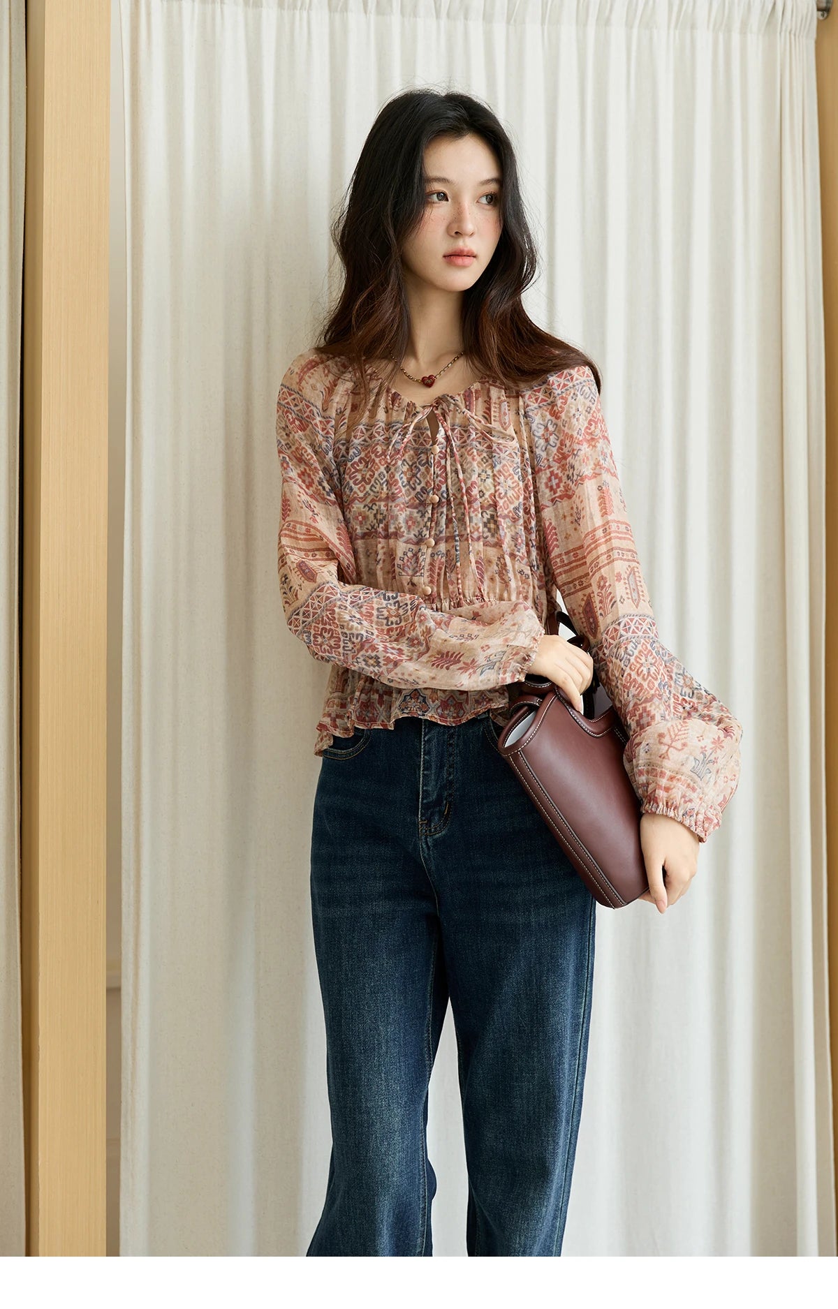 MISHOW Blouse Women 2025 National Style Printed Waist Round Neck Long-sleeved Top Commute Comfortable Autumn Blouse MXE47X2508