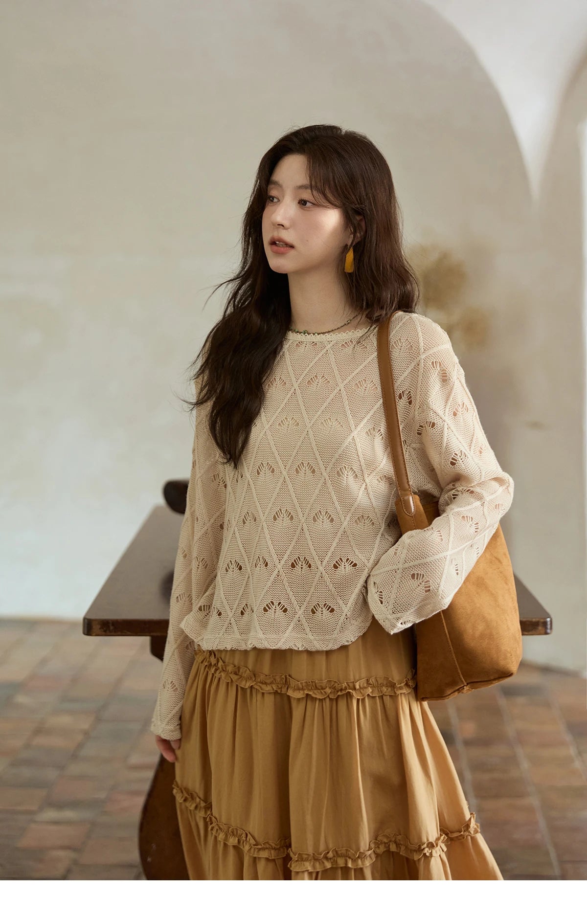 MISHOW Women's Diamond Patterned Knitted Top 2025 Autumn Bohemian Hollowed Out Thin Top Scoop Neck Knitted Sweaters MXE42Z1332