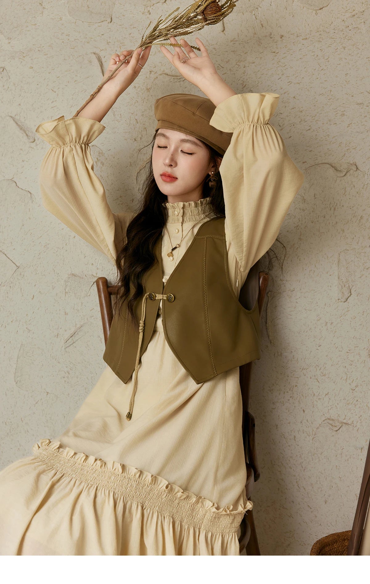 MISHOW French Stand Neck Elasticity Dress 2024 Autumn Waist Elegant A-line Dresses Elastic Lotus Leaf Sleeves Dress MPD42L2036