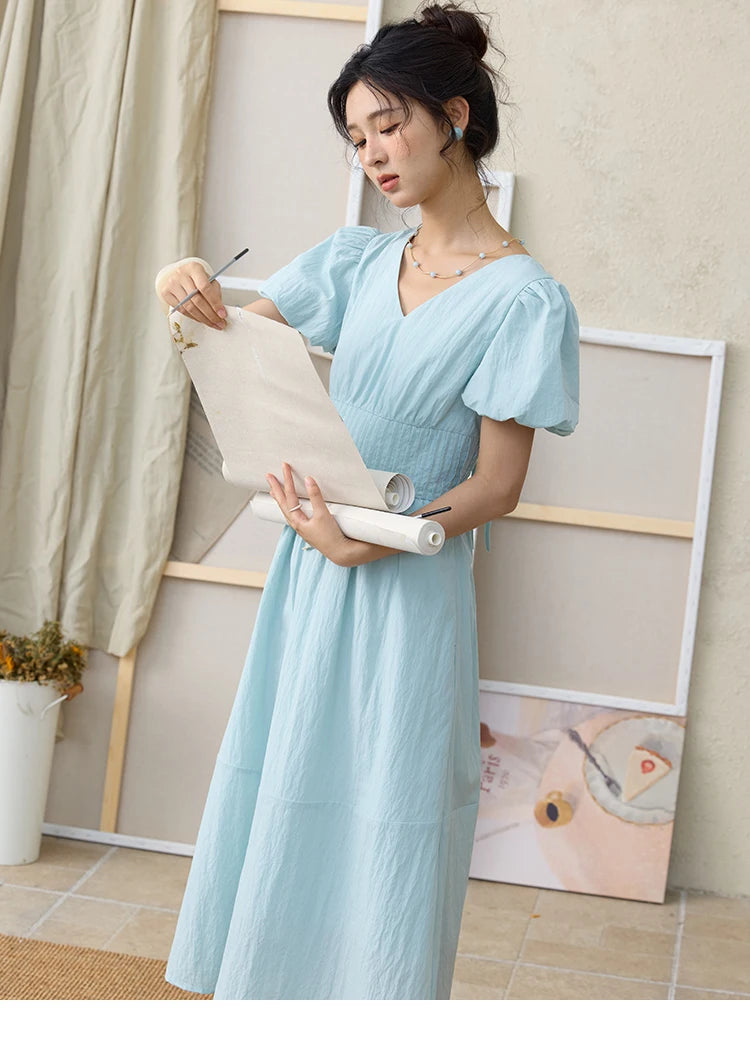MISHOW French Summer Dresses Women 2025 New Short Puff Sleeve V-neck Solid Cotton Blended Dress Female Slimming MXE34L2288
