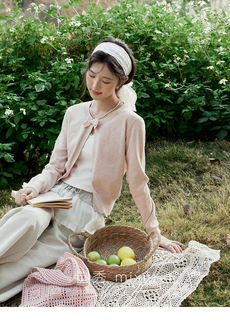 MISHOW Women's Iris Embroidery Round Neck Cardigan 2025 Spring Loose Knitted Thin Bow Design（Not Include Lace Vest）MXE13Z1142