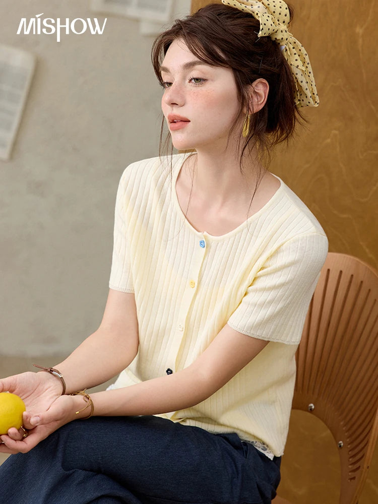 MISHOW Casual Summer Cardigan Women 2025 Short Sleeve Round Neck Solid Thin Knitted Pullovers Female Slimming Tops MXE34Z1268