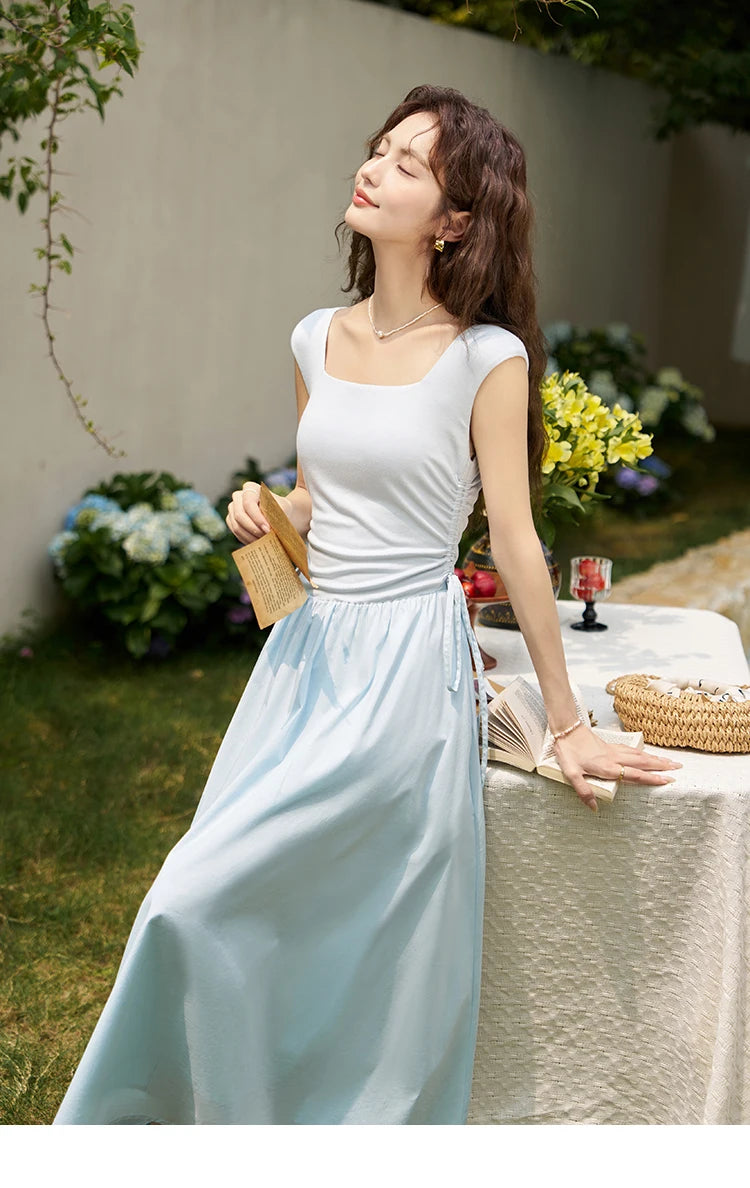 MISHOW Square Neck Patchwork Knitted Long Dress Summer 2024 Minimalist High Waist Side Drawstring Waist Slim Dresses MXD23L1818