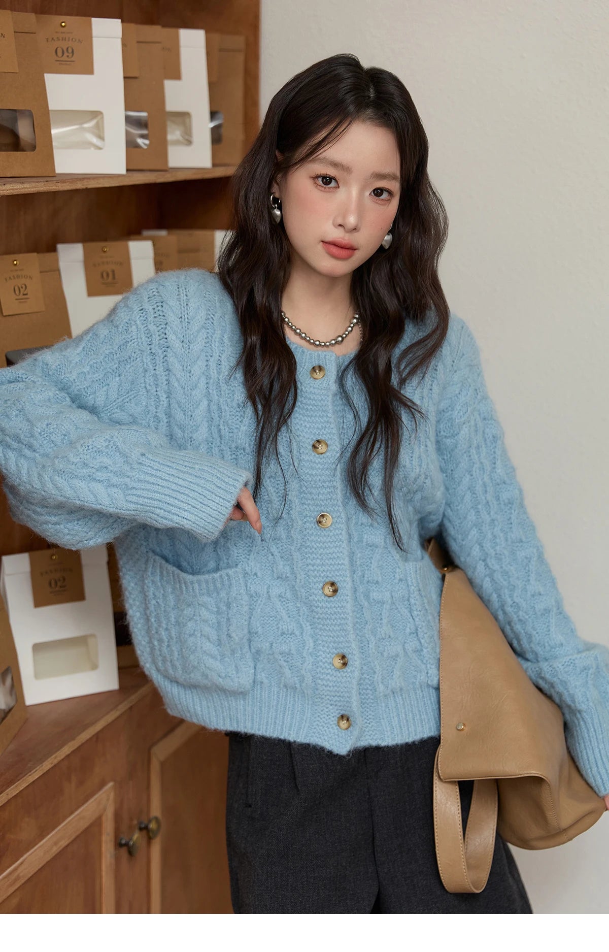 MISHOW Cardigan Women 2025 Autumn Winter Fashion Light Blue Retro Crew Neck Knitted Sweater Casual Loose  Pocket Top MXE49Z2614