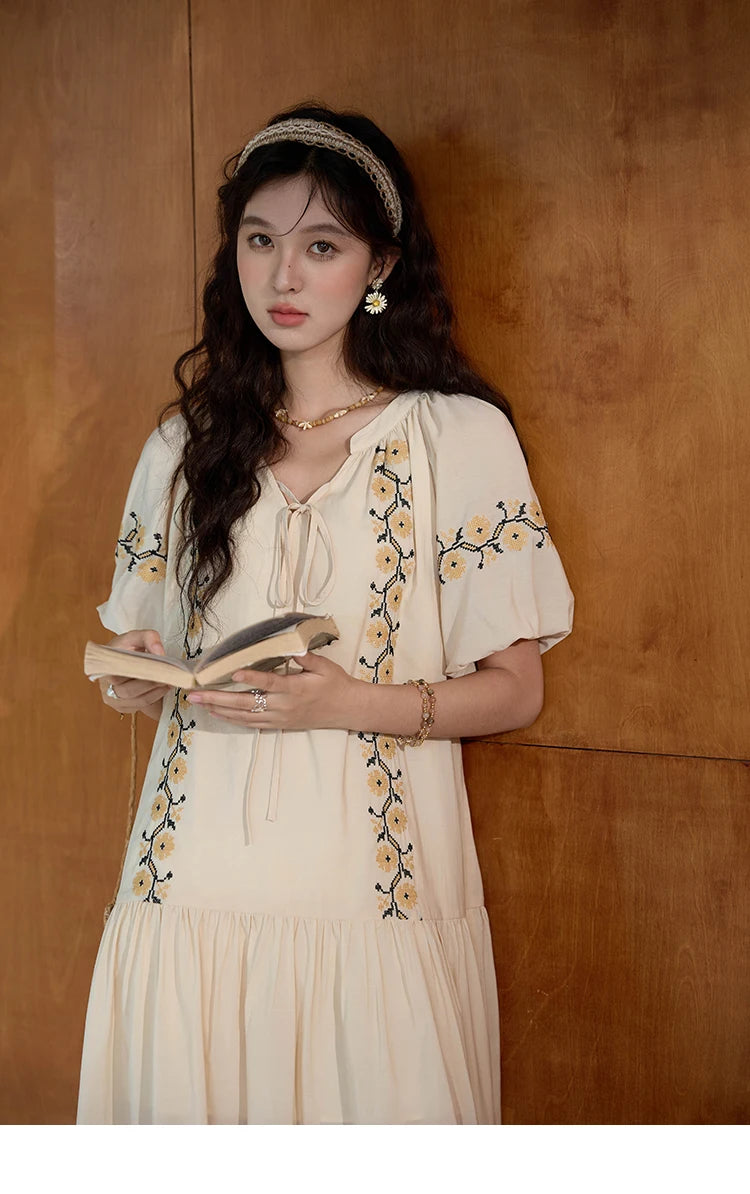 MISHOW  Women's Ethnic Dress 2024 Summer Korean Sunflower Embroidery Puff Sleeve Dress V Neck Lace-up Doll Dresses MXD30L1959