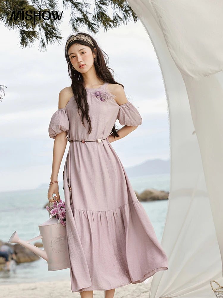 MISHOW Korean Summer Dresses Women 2025 New Short Drop Shoulder Sleeves Halter Neck Jacquard Dress Female Fashion MXE32L2182